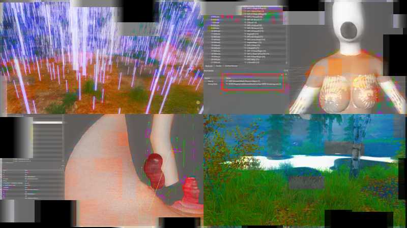 Collage of screenshots from the videogame Skyrim where the textures and geometry are glitching out.