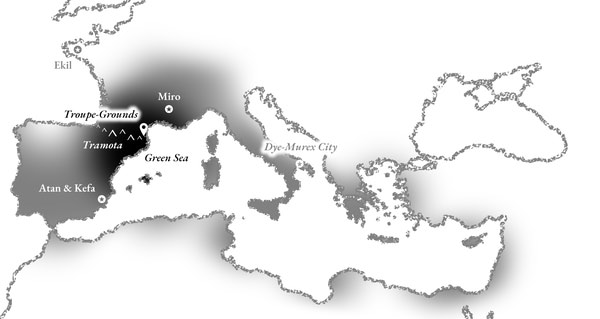 Map of the Mediterranean, with areas around the Pyrenees highlighted the darkest.