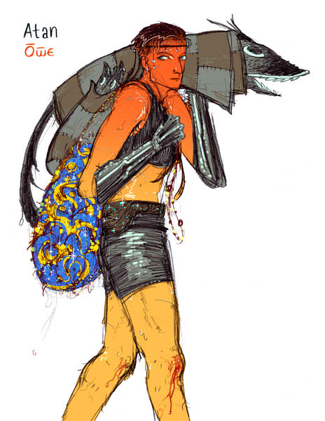 Fisherman in dark glossy leather carrying fish over his shoulder.