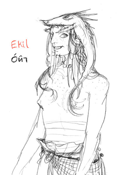 Drawing of long haired figure with a monstrous fish head-dress.