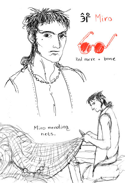 Drawing of a man mending a net.