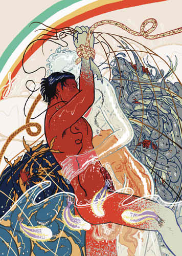 Digital drawing of a man trying to hold onto a big net of fish while a water spirit frots against him. The man is being penetrated by strange aquatic life.