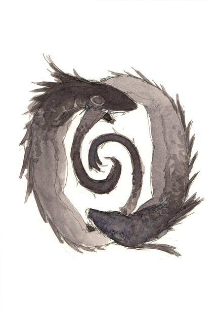 Two serpent-like fish biting eachotcher's tails.
