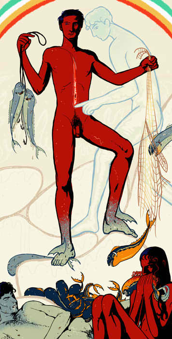 Digital drawing of a man being sliced open while turning into a fish. He is standing on rocks with waves crashing on him. Below are two figures, one dying and the other eating raw fish.